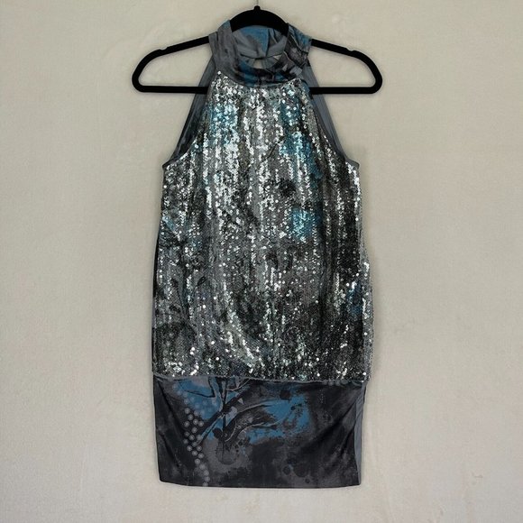 Studio Y Sequin Silver & Dark Gray Blue Sleeveless Party Dress Women's Sz Small - Picture 1 of 8